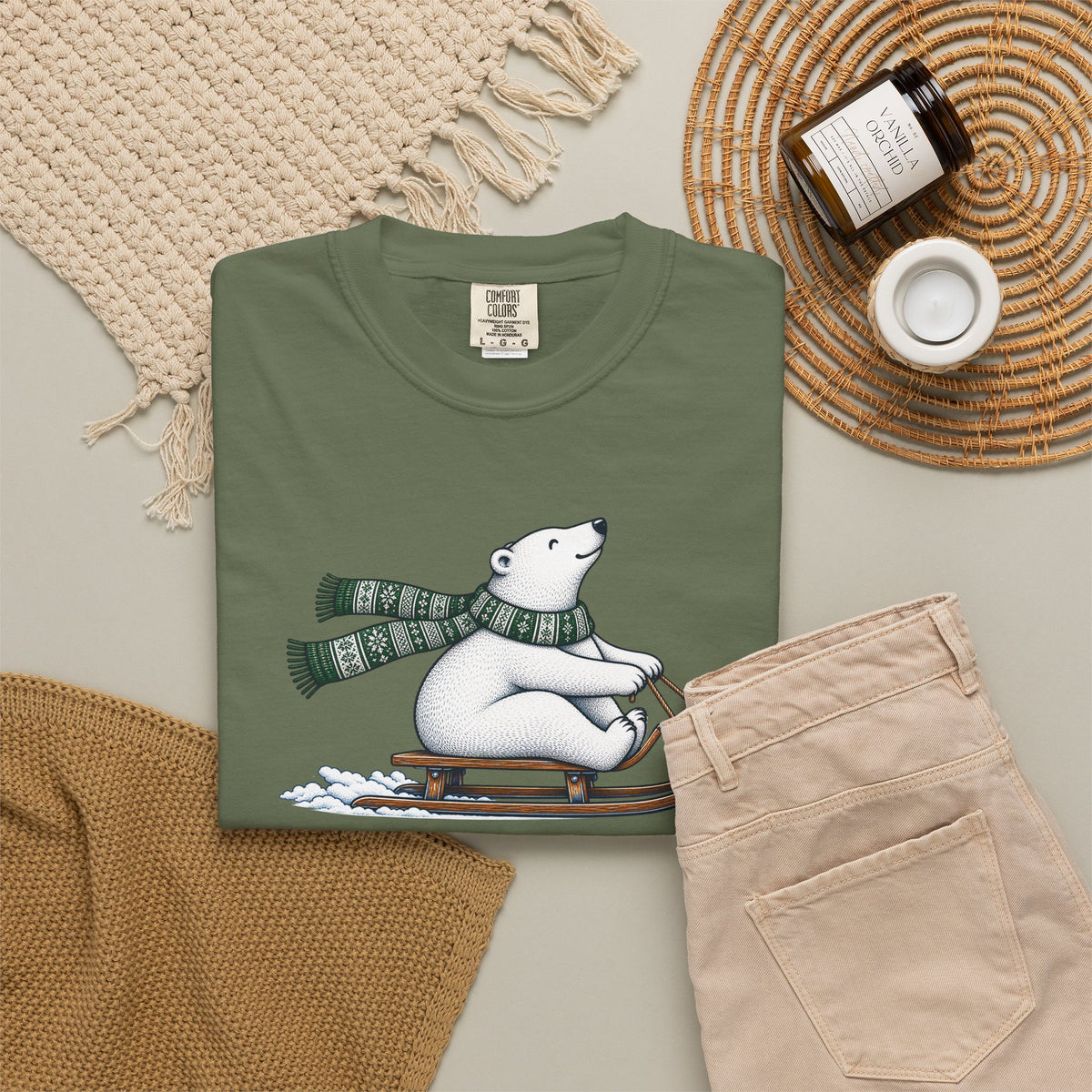 Sledding Polar Bear Comfort Colors Tee | Cozy Winter Bear Shirt