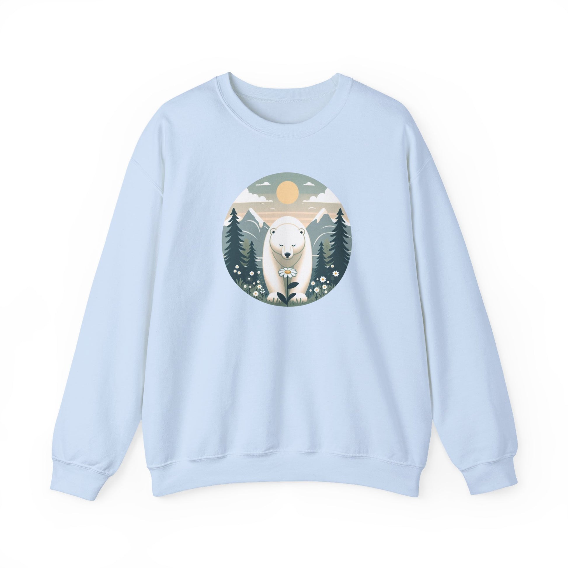 Light blue sweatshirt with a polar bear graphic on a white background