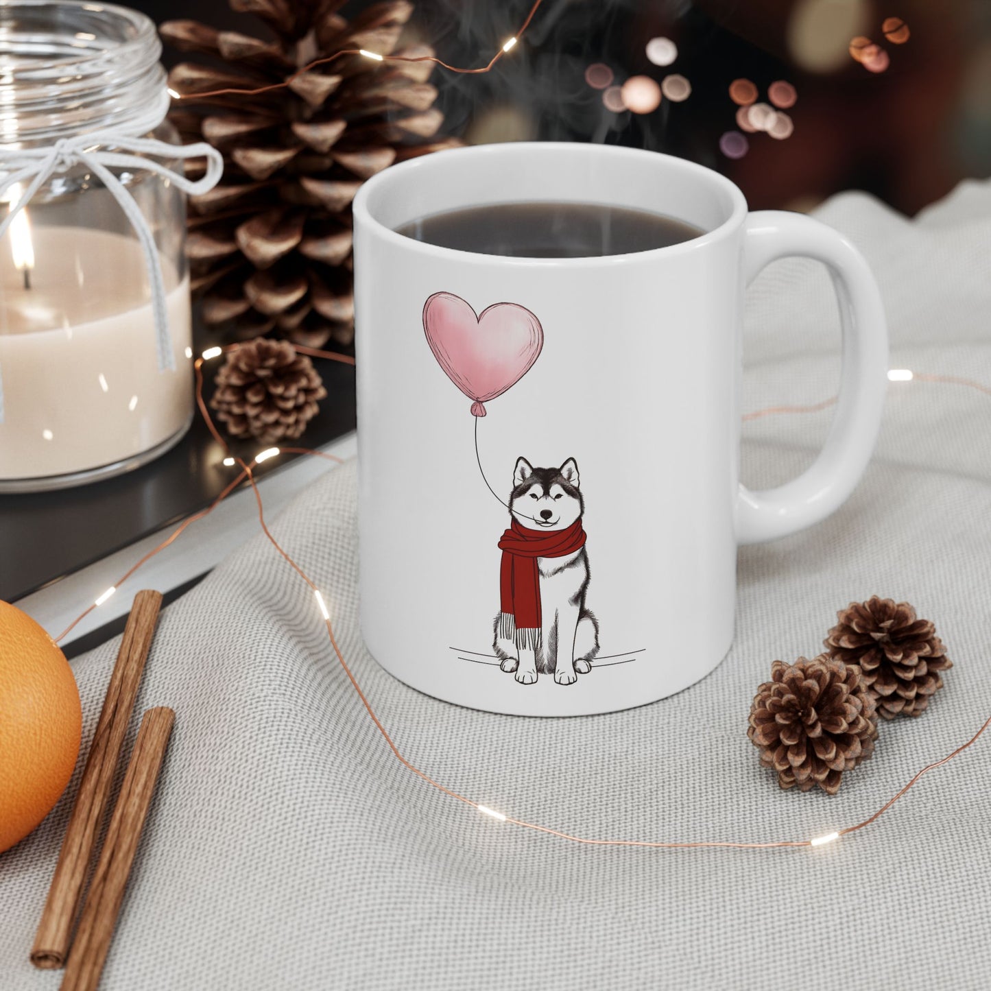 Siberian Husky with Heart Balloon Mug, 15 oz