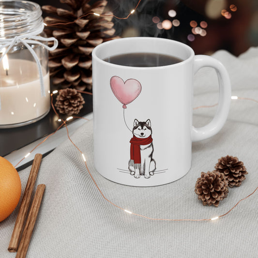Siberian Husky with Heart Balloon Mug, 15 oz