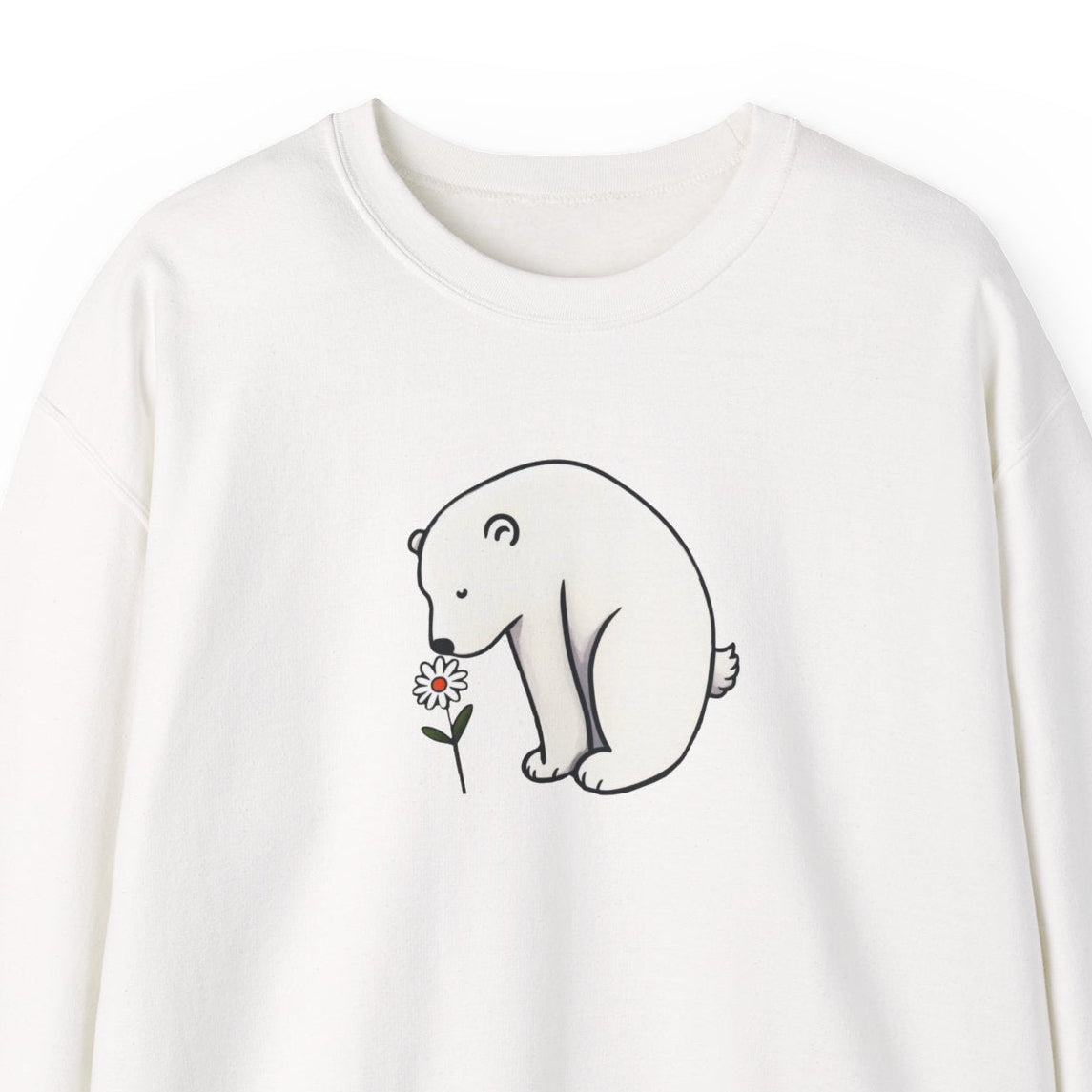 White sweatshirt with a bear holding a flower design on a white background