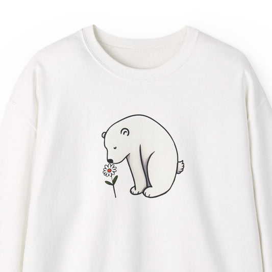 White sweatshirt with a bear holding a flower design on a white background
