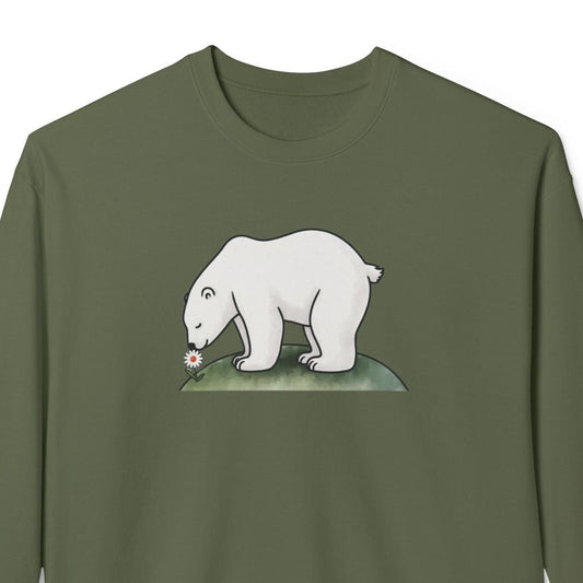 Green sweatshirt with a white bear graphic on a white background