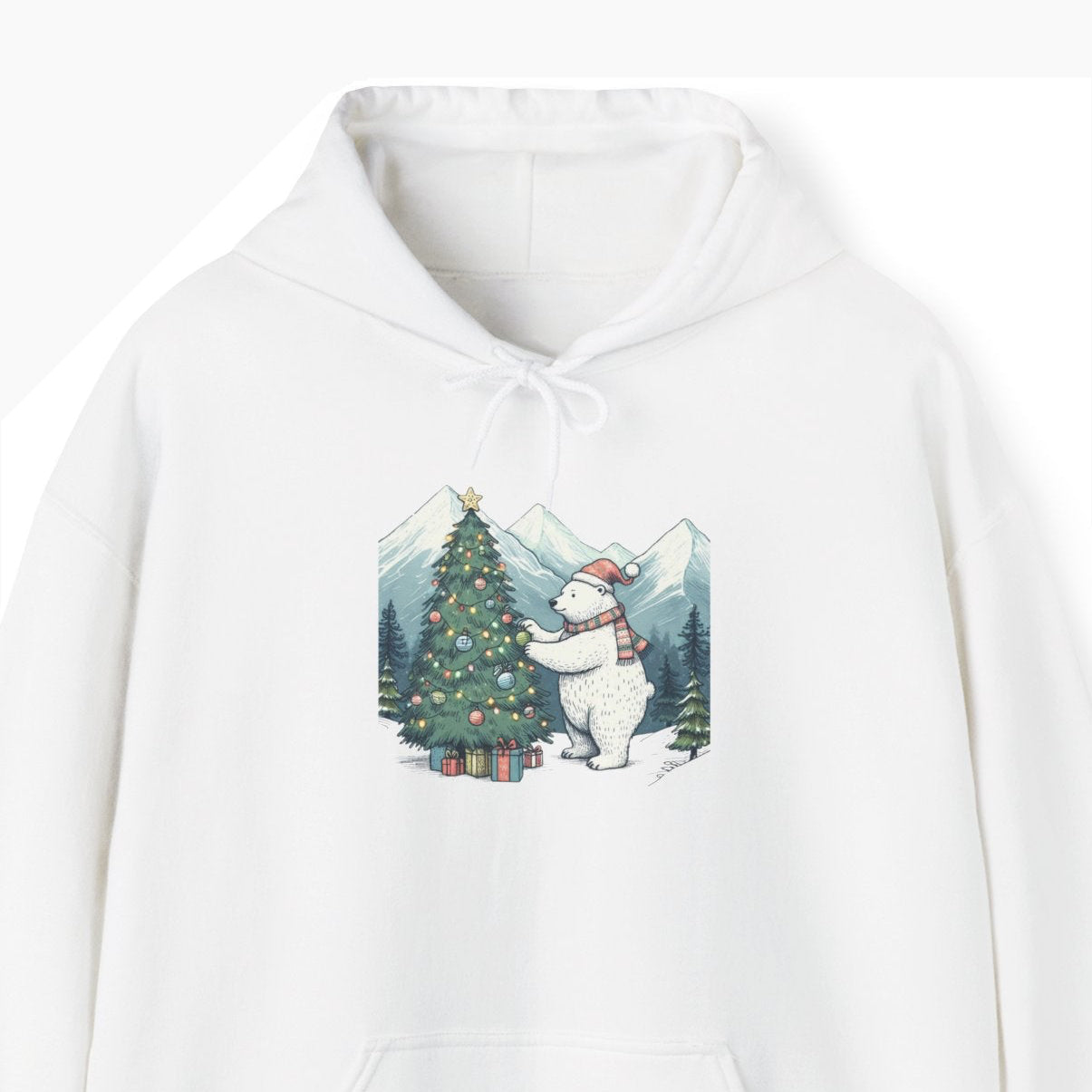 White hoodie with a Christmas-themed design of a polar bear and tree on a white background