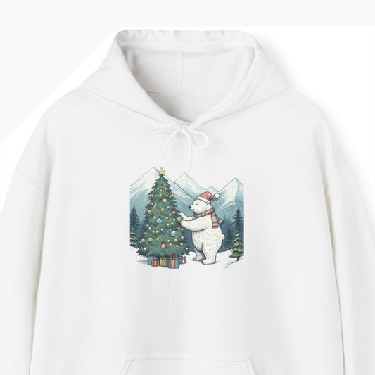 White hoodie with a Christmas-themed design of a polar bear and tree on a white background