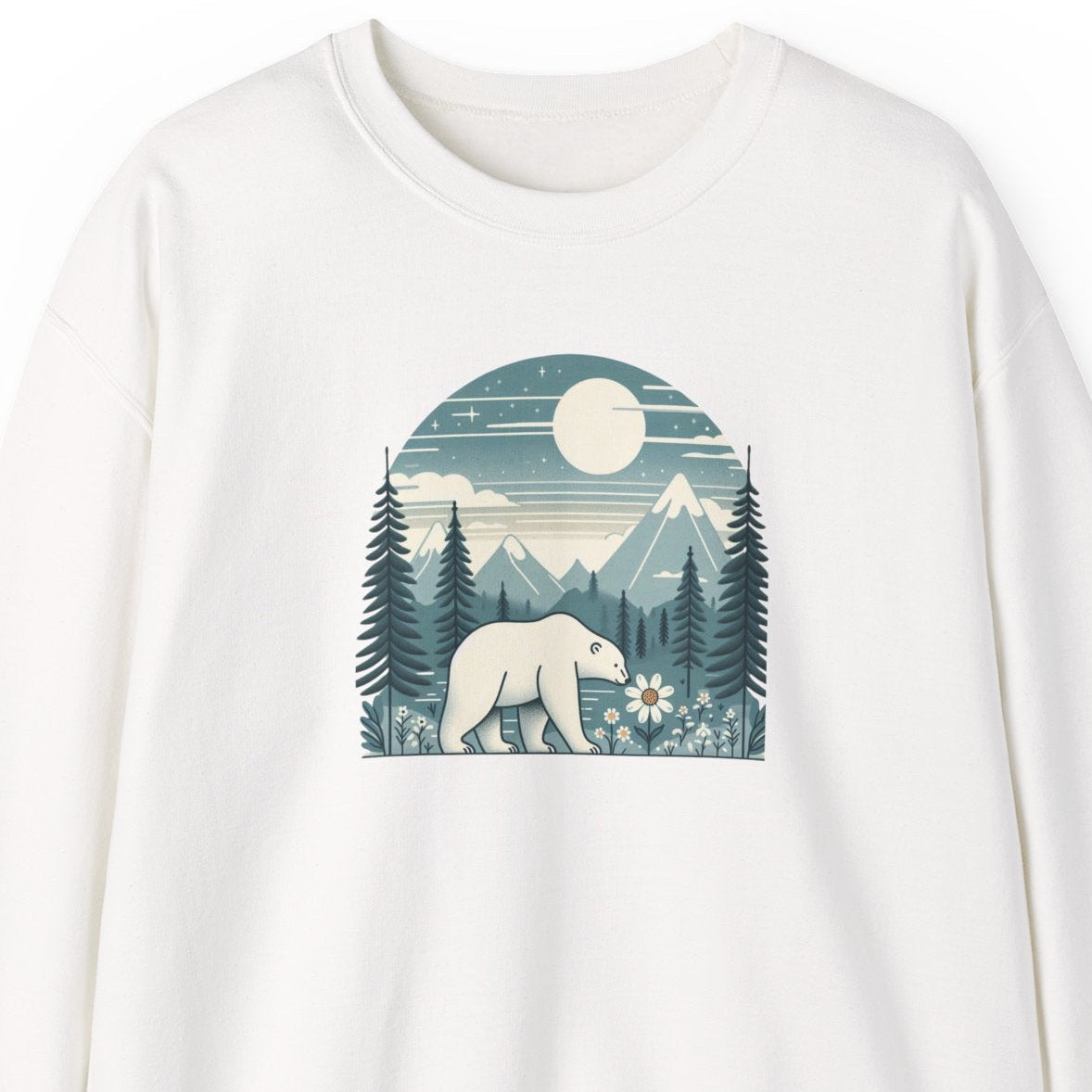 White sweatshirt with a bear and mountain graphic on a white background