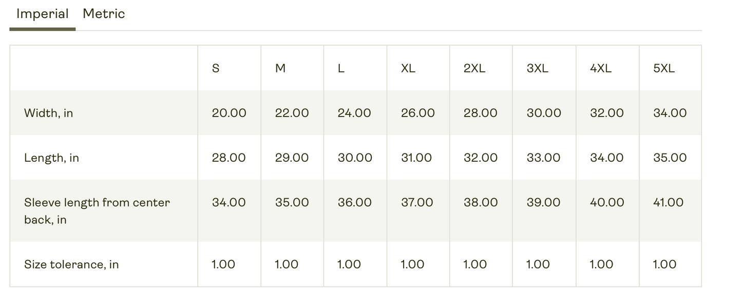 Measurement chart for clothing sizes in imperial units with width, length, and sleeve length dimensions.