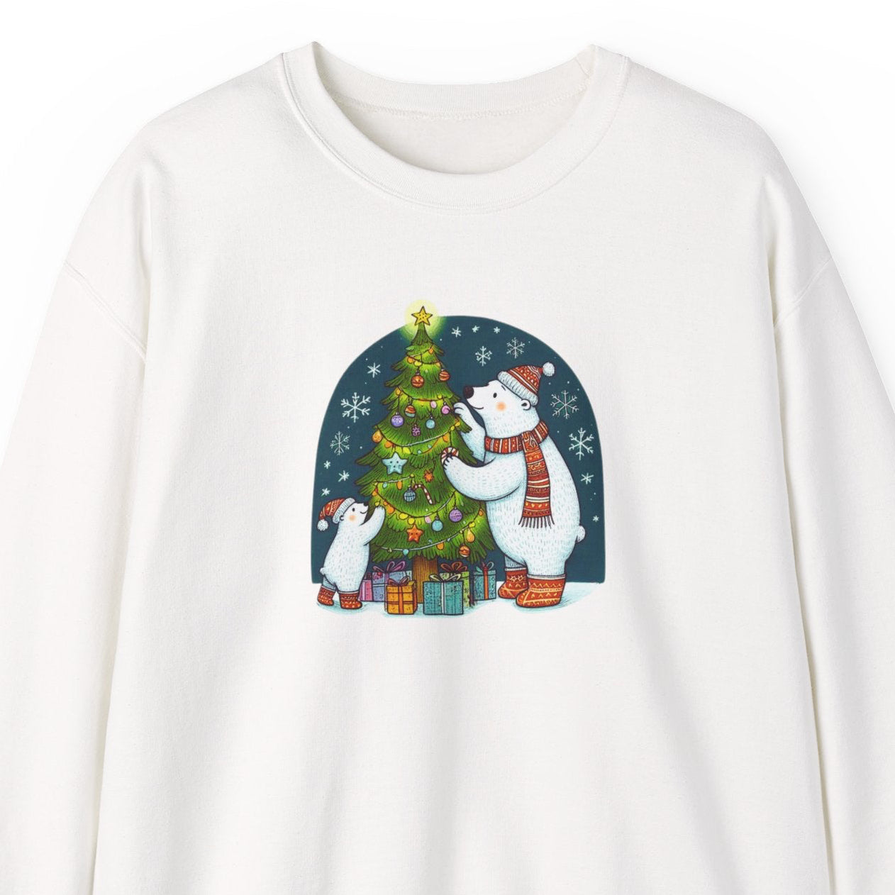 White sweatshirt with a Christmas-themed design featuring a polar bear and tree on a white background