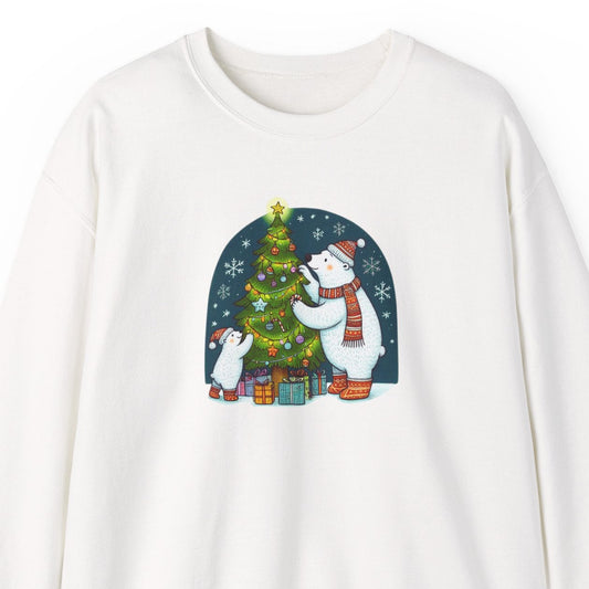 White sweatshirt with a Christmas-themed design featuring a polar bear and tree on a white background