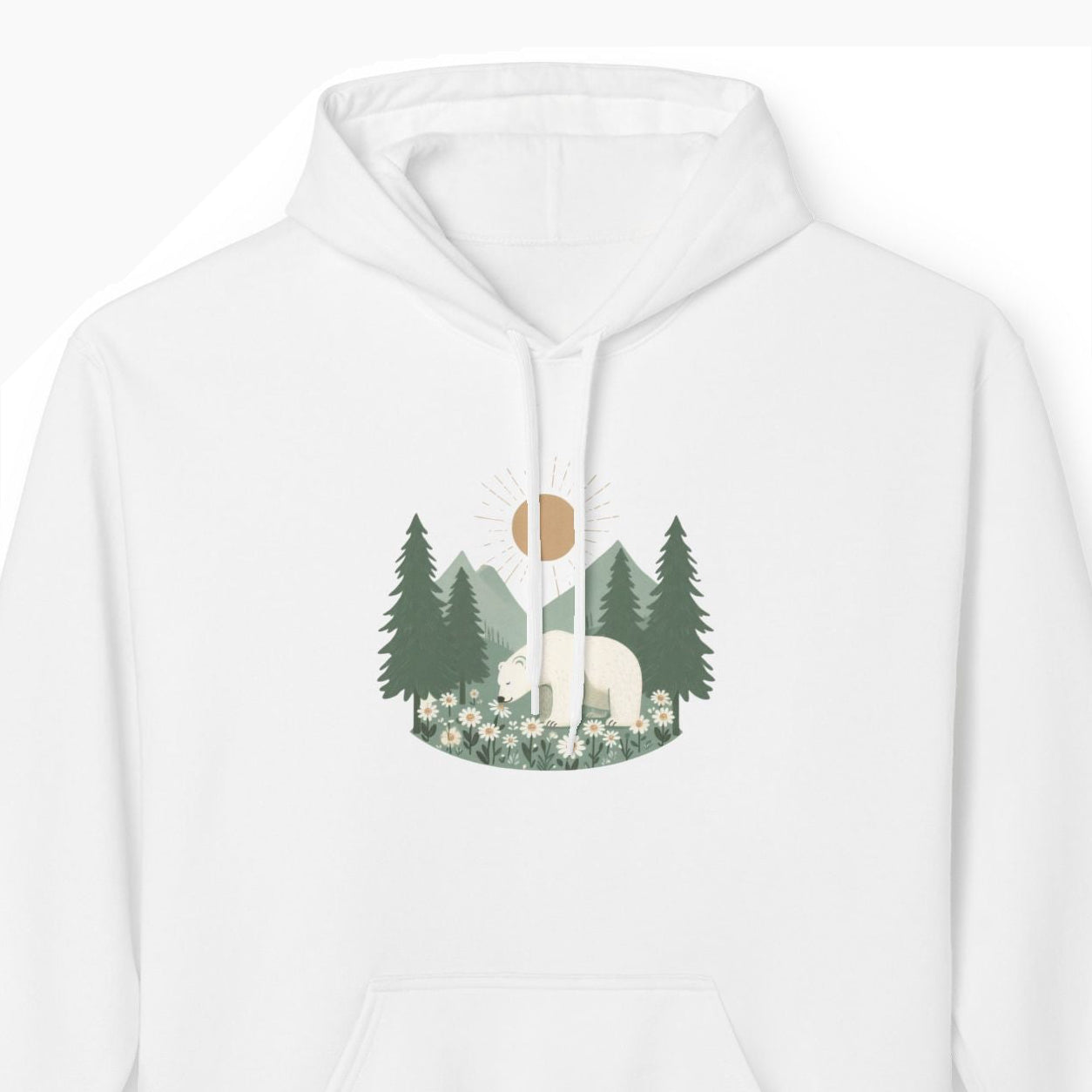 White hoodie with a polar bear in a nature-themed graphic on a white background