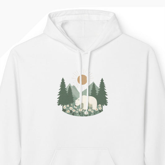 White hoodie with a polar bear in a nature-themed graphic on a white background