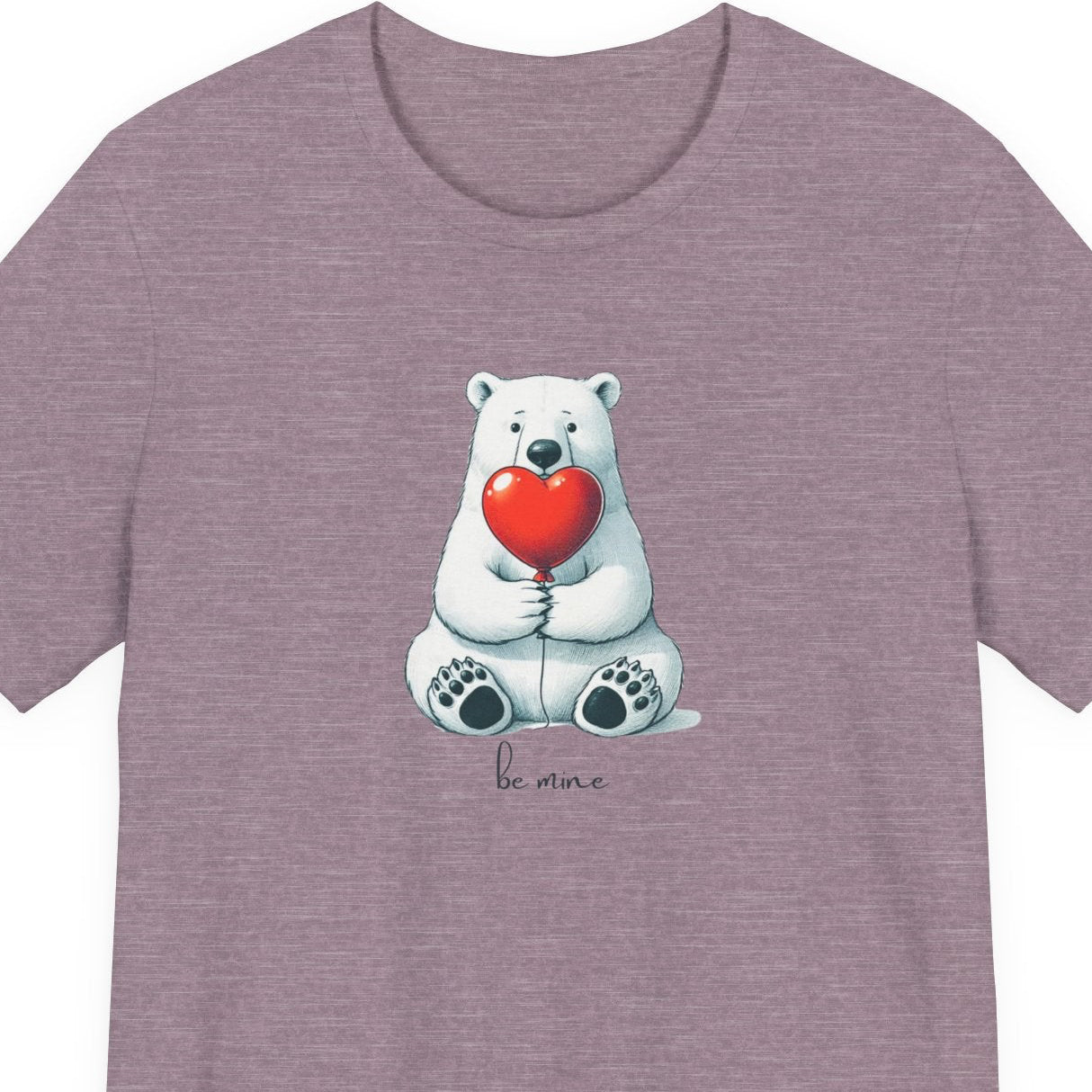 Purple t-shirt with a polar bear holding a red heart and 'be mine' text on a white background