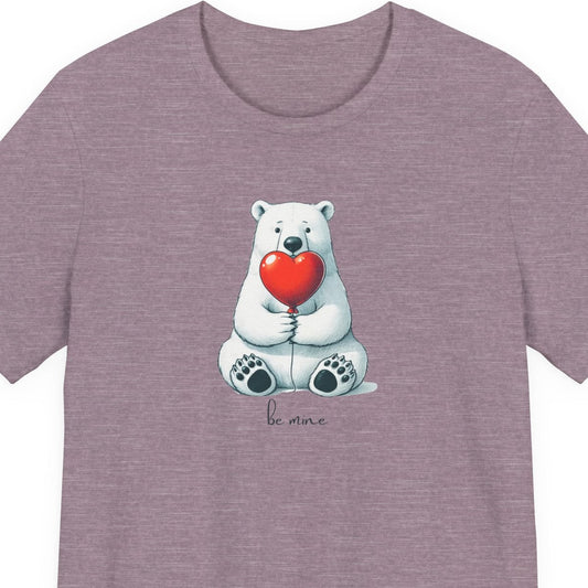 Purple t-shirt with a polar bear holding a red heart and 'be mine' text on a white background
