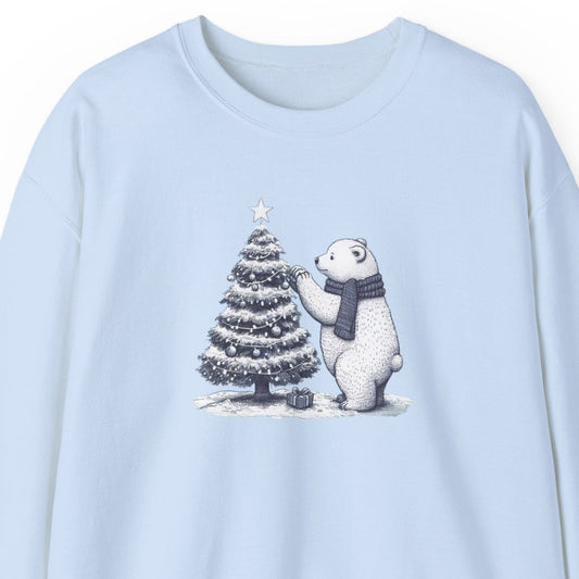 Light blue sweatshirt with a polar bear and Christmas tree design on a white background