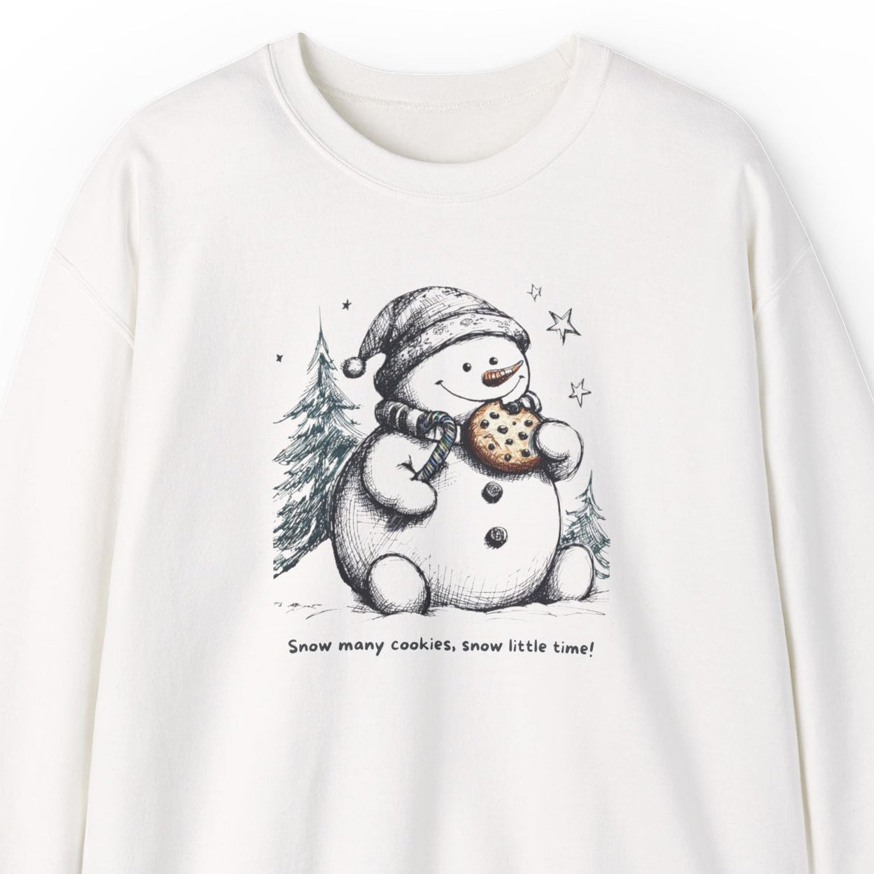 White sweatshirt with a snowman graphic on a white background