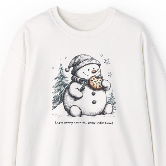 White sweatshirt with a snowman graphic on a white background