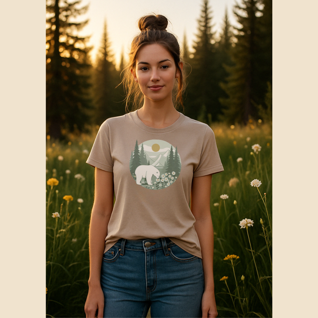 Polar Bear in Bloom Tee – Tranquil Forest & Daisy Nature Shirt